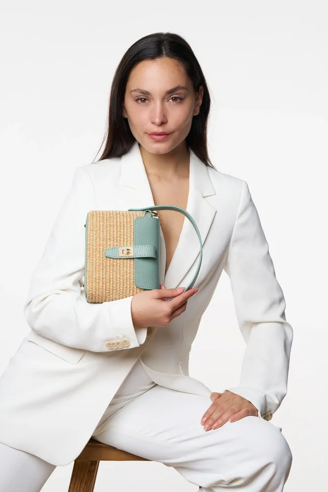 Mini-sac à main en cuir et raphia SIENNA Vert pastel
