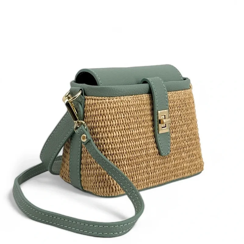 Mini-sac à main en cuir et raphia SIENNA Vert pastel