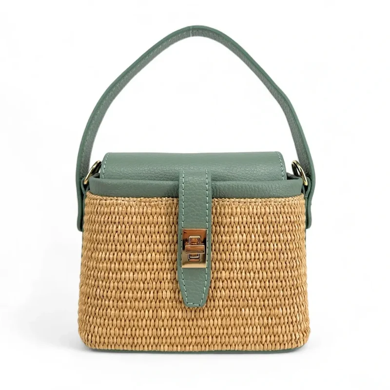 Mini-sac à main en cuir et raphia SIENNA Vert pastel