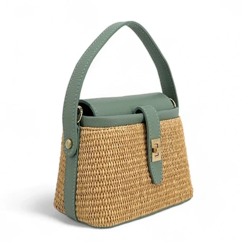 Mini-sac à main en cuir et raphia SIENNA Vert pastel