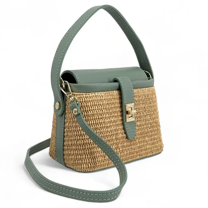 Mini-sac à main en cuir et raphia SIENNA Vert pastel