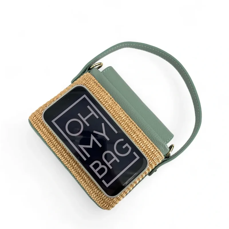 Mini-sac à main en cuir et raphia SIENNA Vert pastel