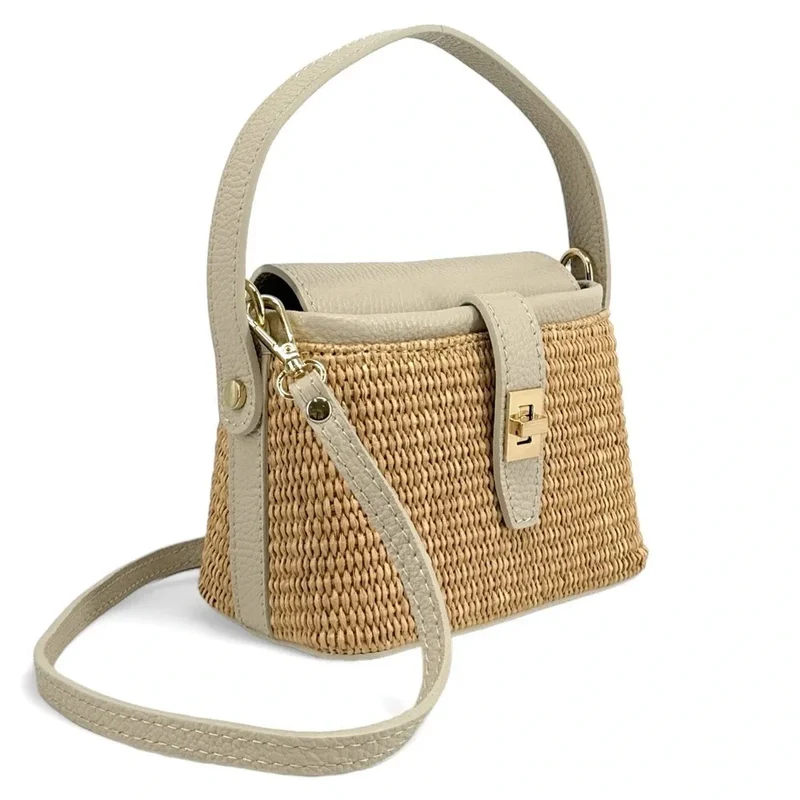 Mini-sac à main en cuir et raphia SIENNA Taupe clair