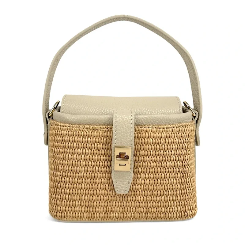 Mini-sac à main en cuir et raphia SIENNA Taupe clair