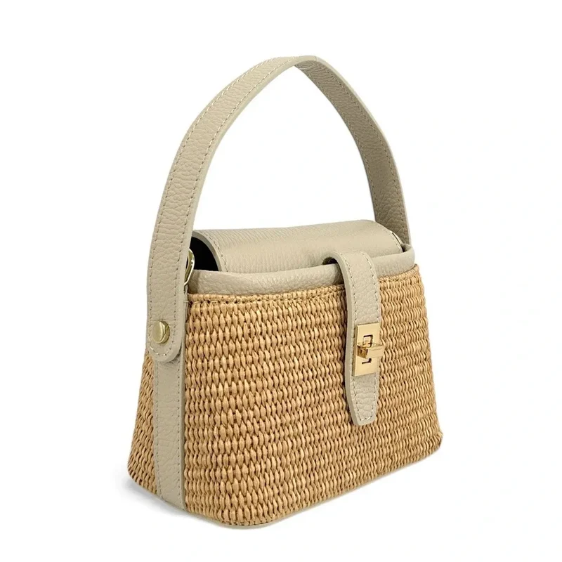 Mini-sac à main en cuir et raphia SIENNA Taupe clair