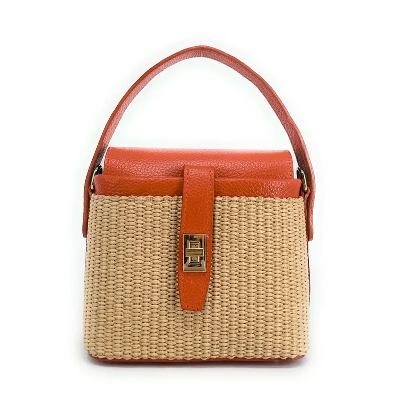 Mini-sac à main en cuir et raphia SIENNA Mandarine