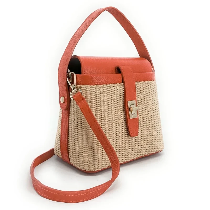 Mini-sac à main en cuir et raphia SIENNA Mandarine