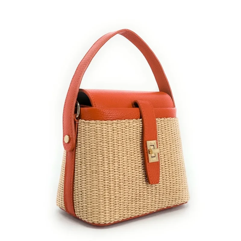 Mini-sac à main en cuir et raphia SIENNA Mandarine