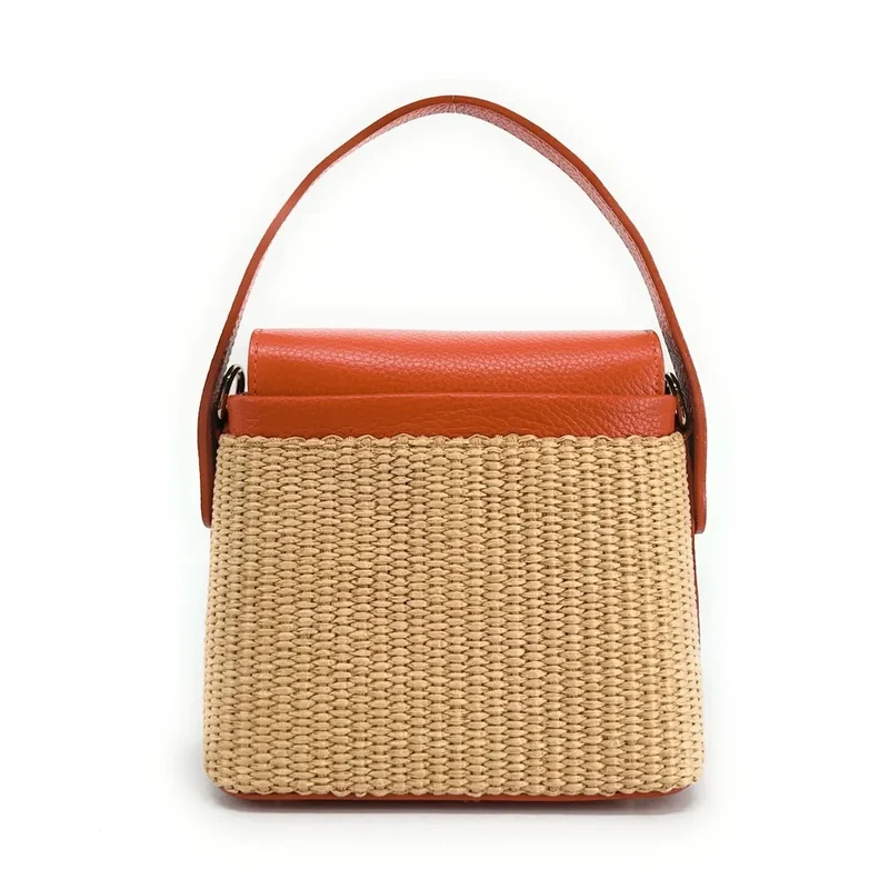 Mini-sac à main en cuir et raphia SIENNA Mandarine