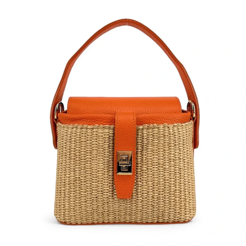 Mini-sac à main en cuir et raphia SIENNA Orange
