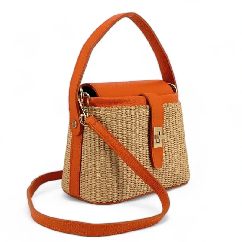 Mini-sac à main en cuir et raphia SIENNA Orange