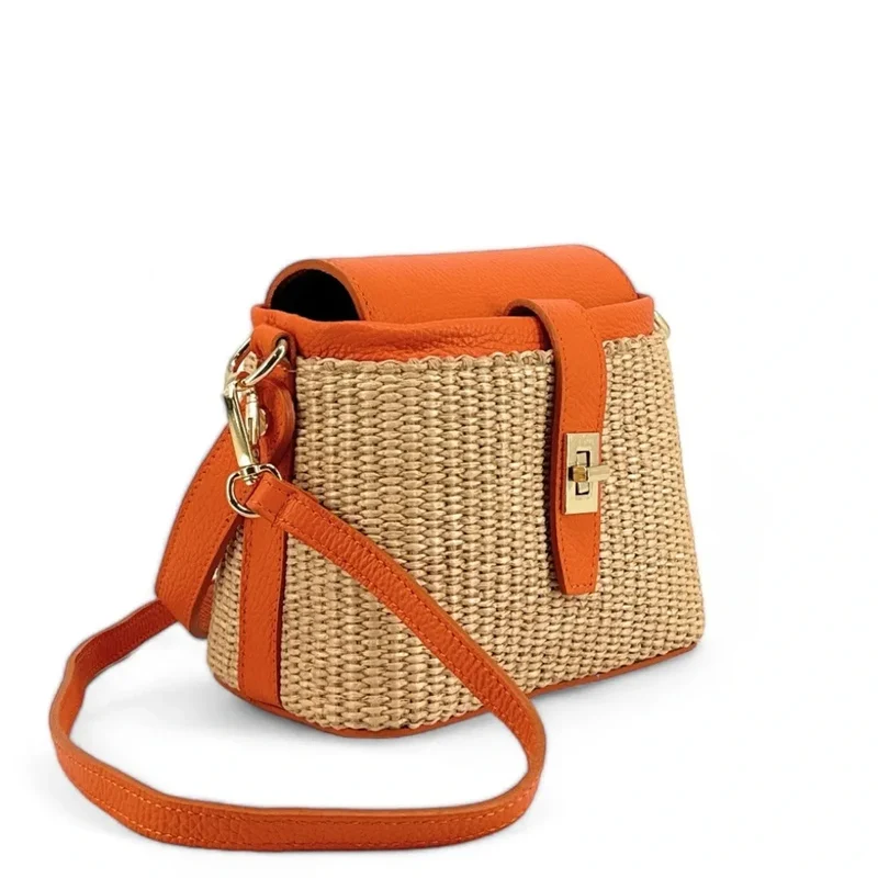 Mini-sac à main en cuir et raphia SIENNA Orange