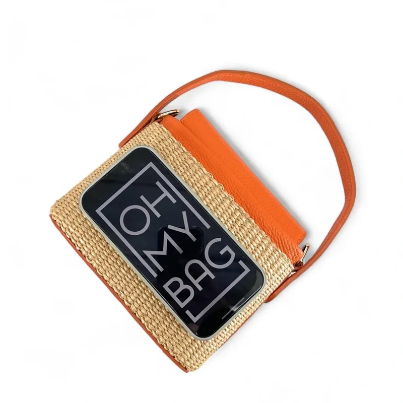 Mini-sac à main en cuir et raphia SIENNA Orange