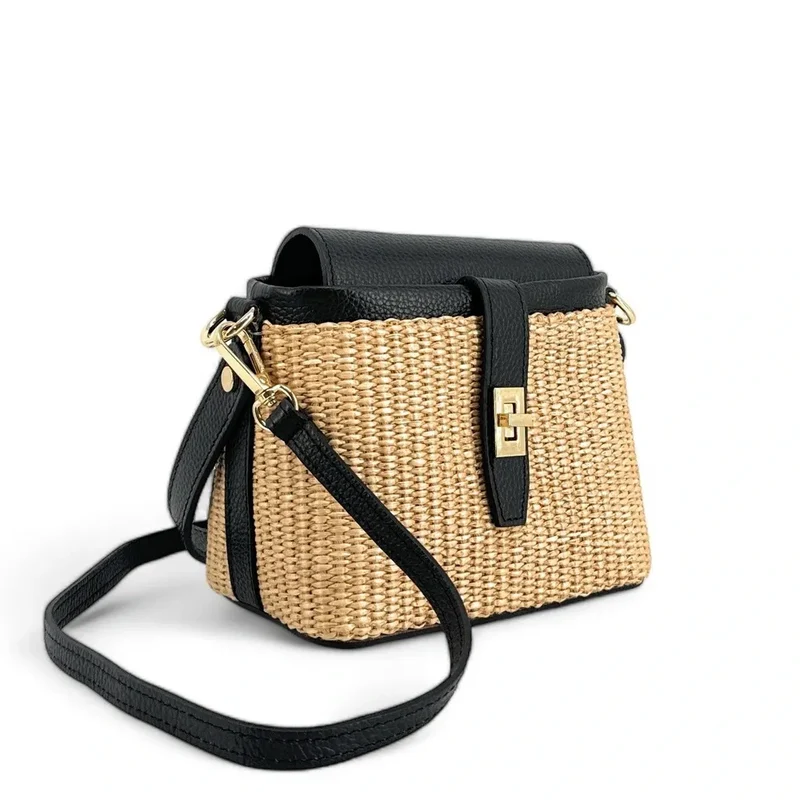 Mini-sac à main en cuir et raphia SIENNA Noir