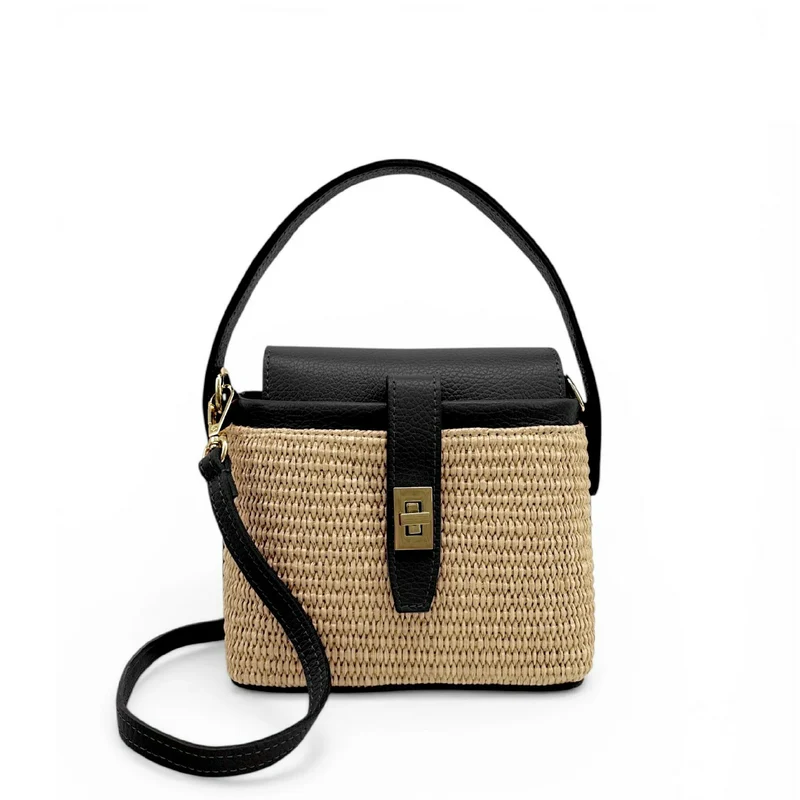 Mini-sac à main en cuir et raphia SIENNA Noir