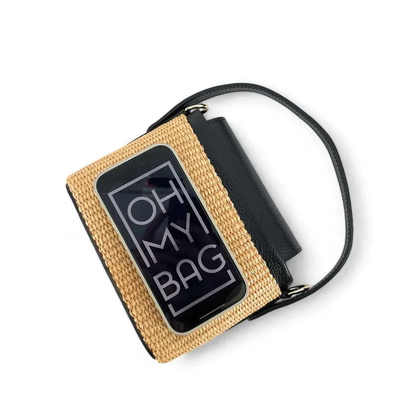 Mini-sac à main en cuir et raphia SIENNA Noir