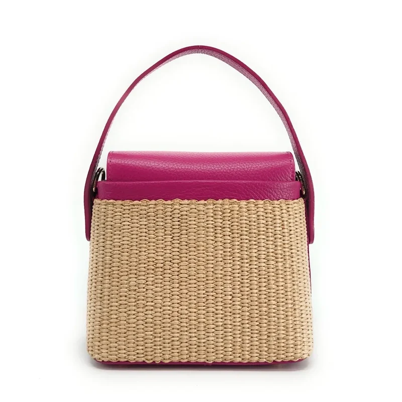 Mini-sac à main en cuir et raphia SIENNA Rose fuchsia