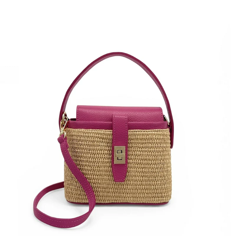 Mini-sac à main en cuir et raphia SIENNA Rose fuchsia