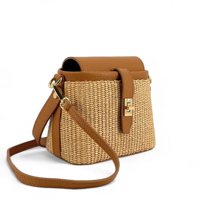 Mini-sac à main en cuir et raphia SIENNA Marron camel foncé
