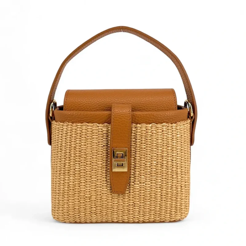 Mini-sac à main en cuir et raphia SIENNA Marron camel foncé