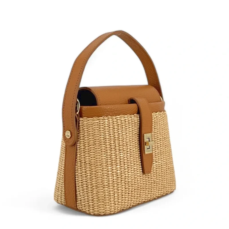 Mini-sac à main en cuir et raphia SIENNA Marron camel foncé