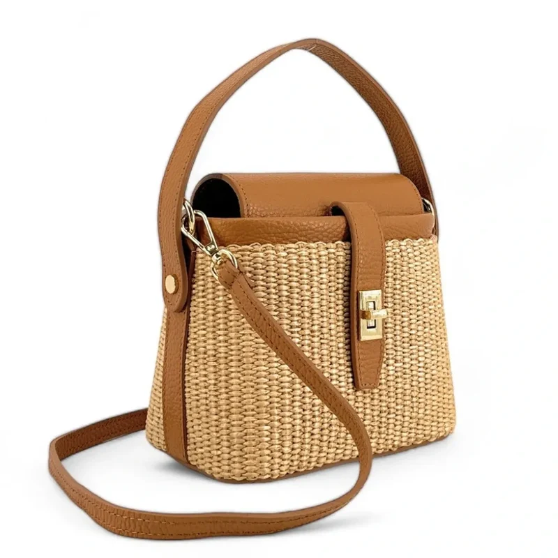 Mini-sac à main en cuir et raphia SIENNA Marron camel foncé