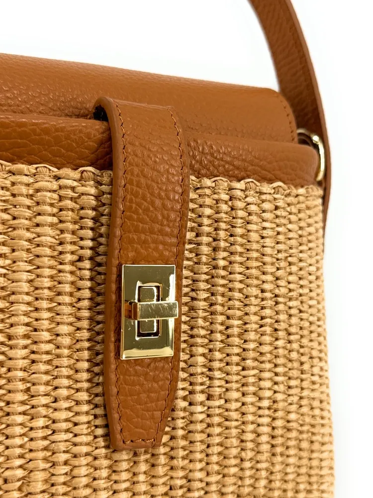 Mini-sac à main en cuir et raphia SIENNA Marron camel foncé