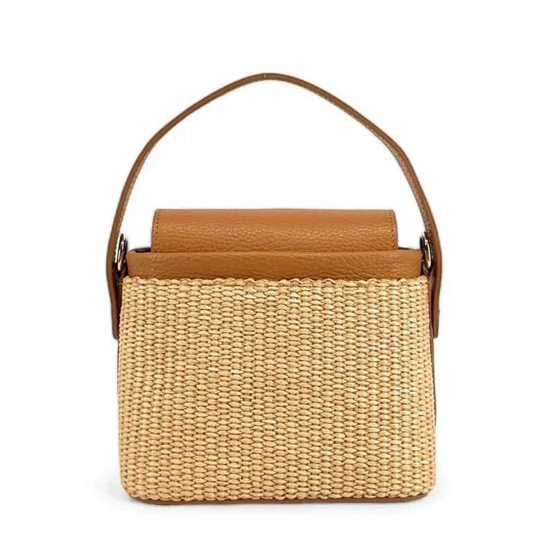 Mini-sac à main en cuir et raphia SIENNA Marron camel foncé