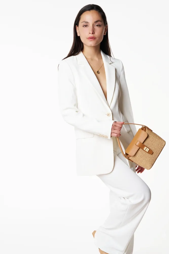 Mini-sac à main en cuir et raphia SIENNA Marron camel foncé