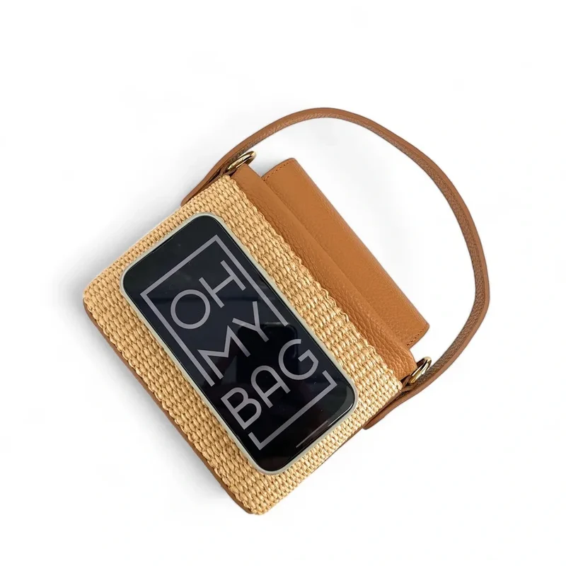 Mini-sac à main en cuir et raphia SIENNA Marron camel foncé