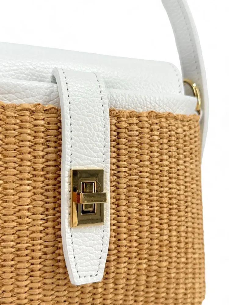 Mini-sac à main en cuir et raphia SIENNA Blanc