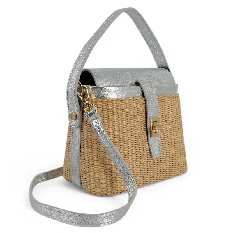 Mini-sac à main en cuir et raphia SIENNA Argent moyen