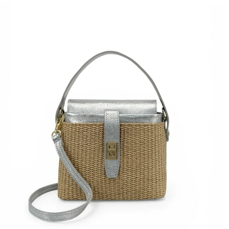 Mini-sac à main en cuir et raphia SIENNA Argent moyen