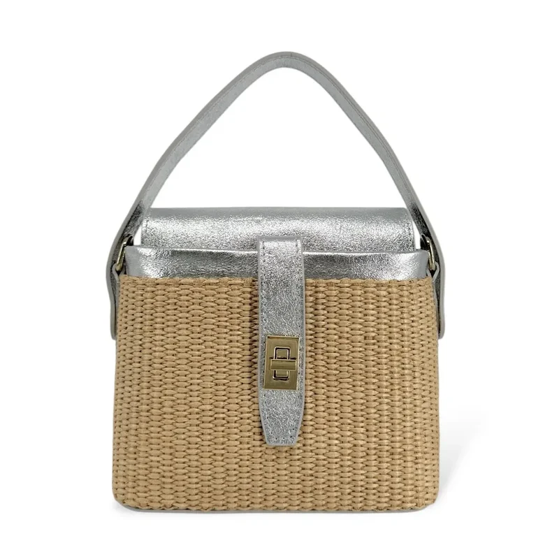 Mini-sac à main en cuir et raphia SIENNA Argent moyen