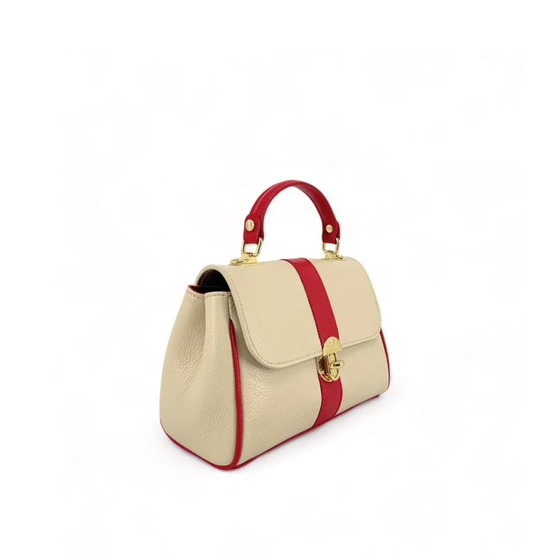 Sac à main en cuir grainé ZOE Beige / Rouge garance