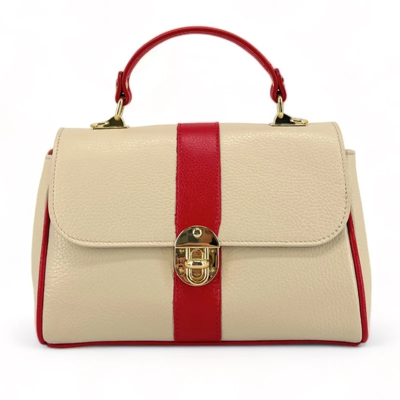 Sac à main en cuir grainé ZOE Beige / Rouge garance