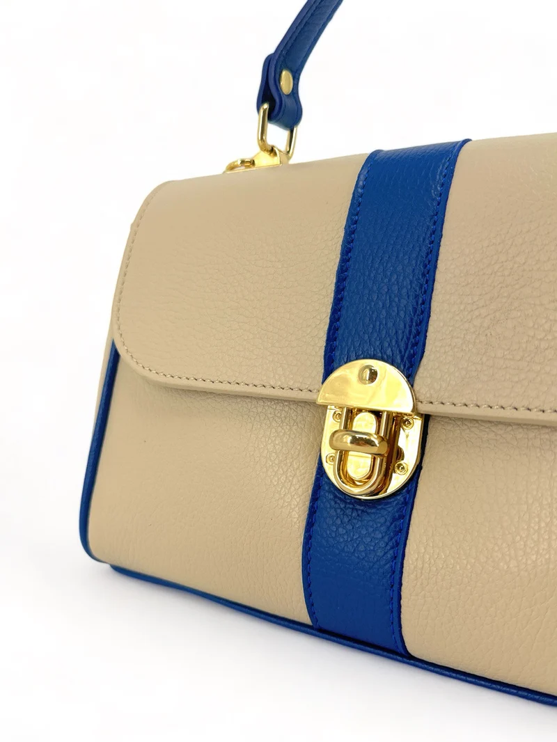 Sac à main en cuir grainé ZOE Beige / Bleu moyen