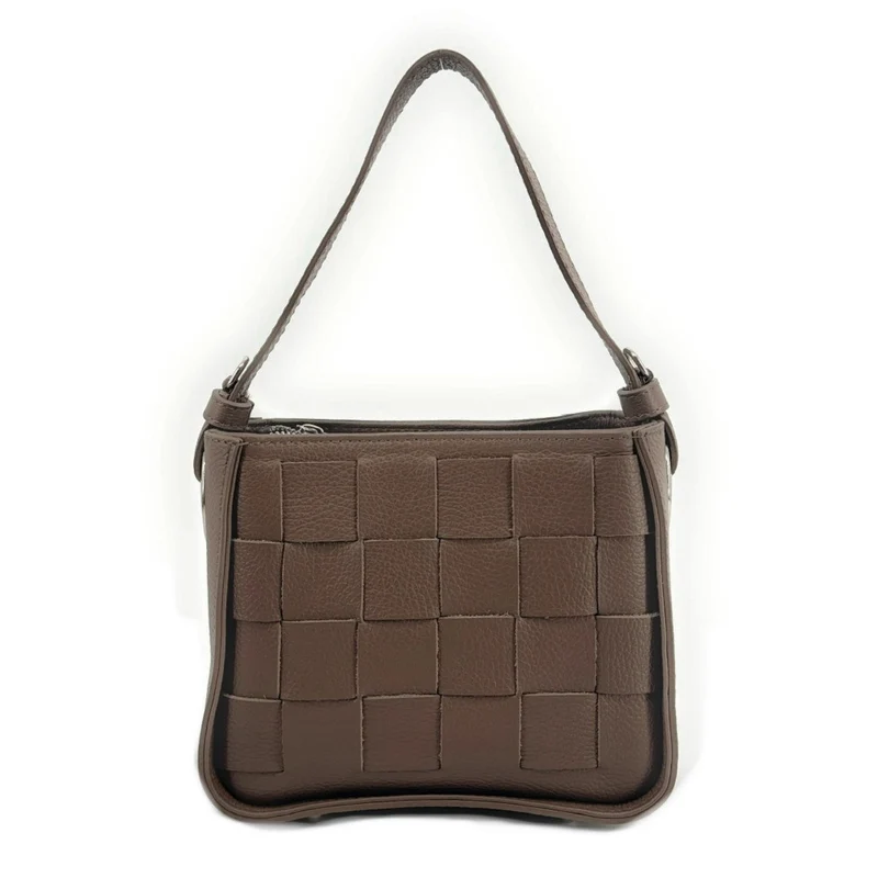 Sac en cuir grainé tressé CHESSY Taupe foncé
