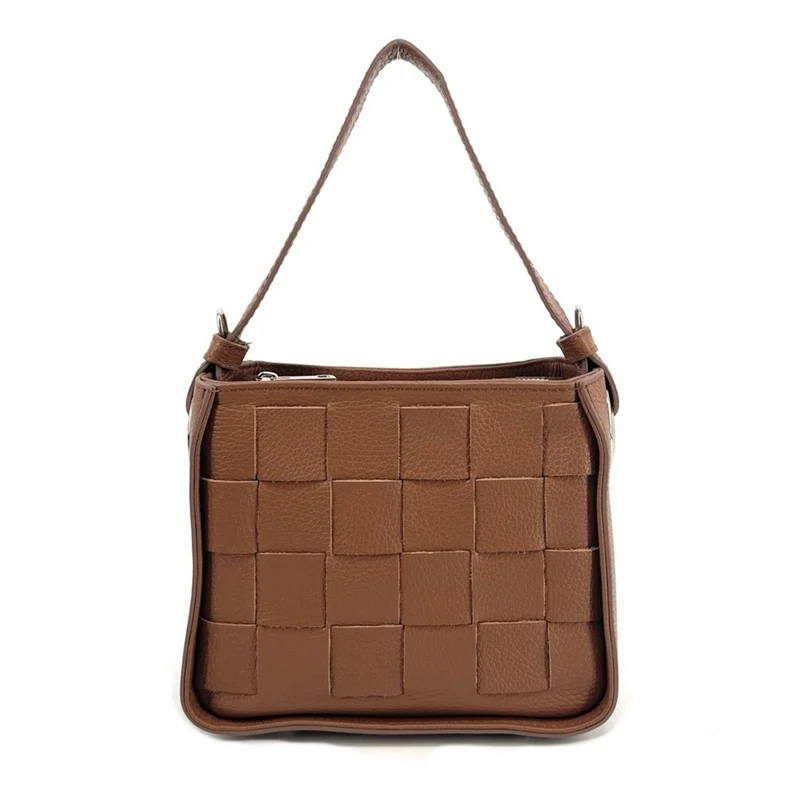 Sac en cuir grainé tressé CHESSY Camel foncé
