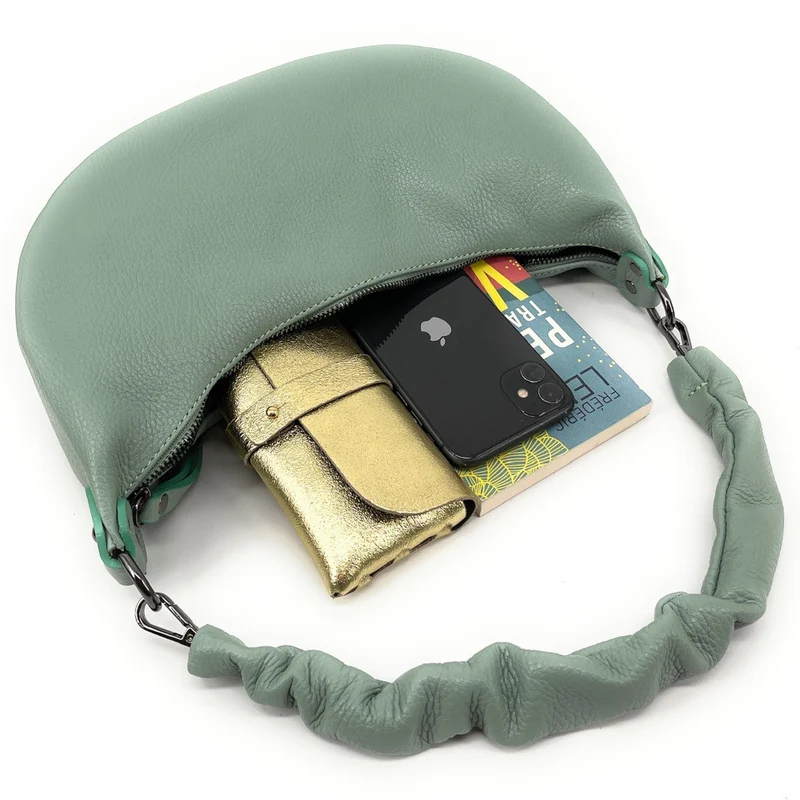 Sac demi-lune porté épaule en cuir grainé AURORA Vert pastel