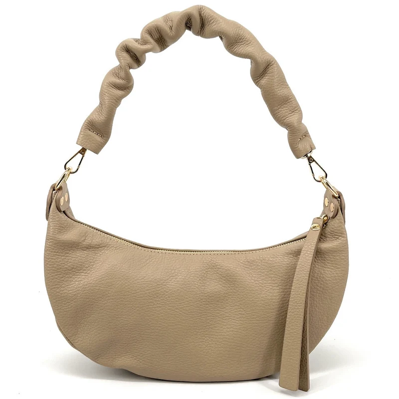 Sac demi-lune porté épaule en cuir grainé AURORA Taupe clair