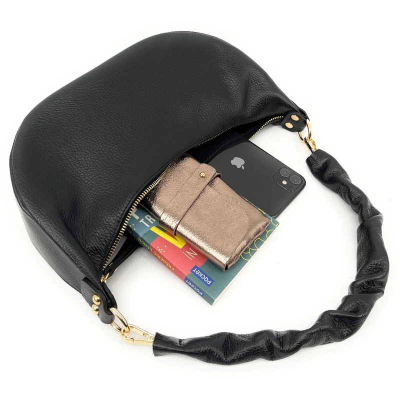 Sac demi-lune porté épaule en cuir grainé AURORA Noir