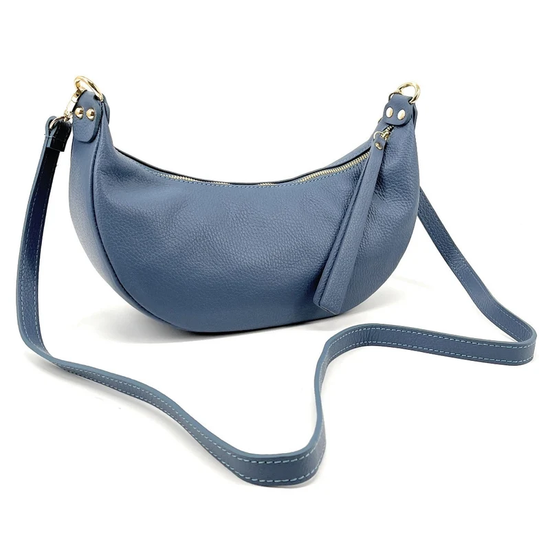 Sac demi-lune porté épaule en cuir grainé AURORA Bleu glacier