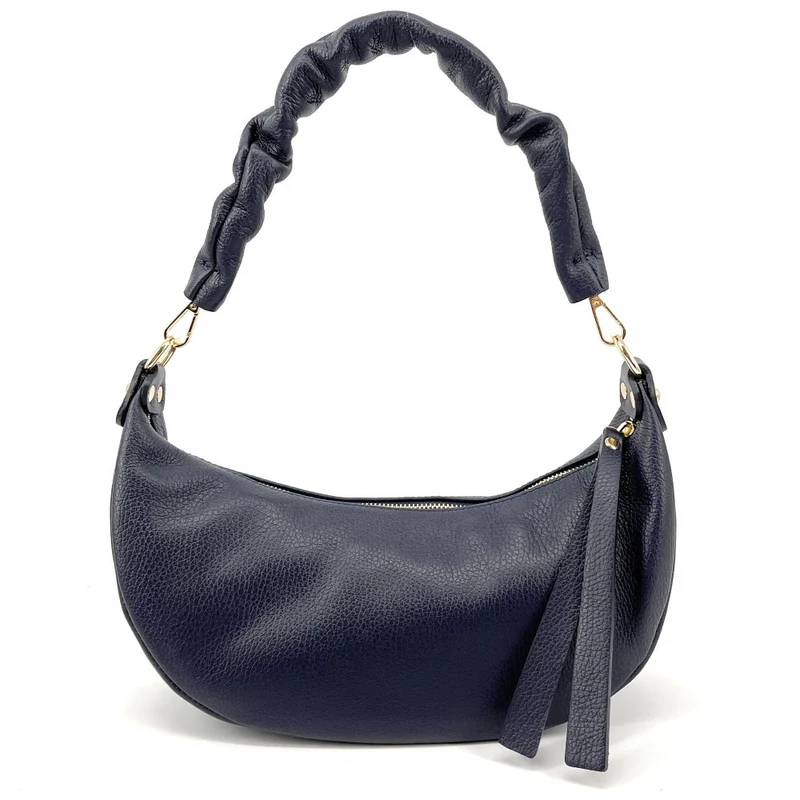Sac demi-lune porté épaule en cuir grainé AURORA Bleu marine