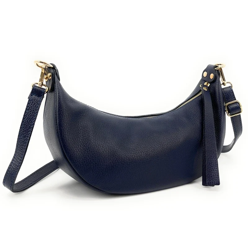 Sac demi-lune porté épaule en cuir grainé AURORA Bleu marine