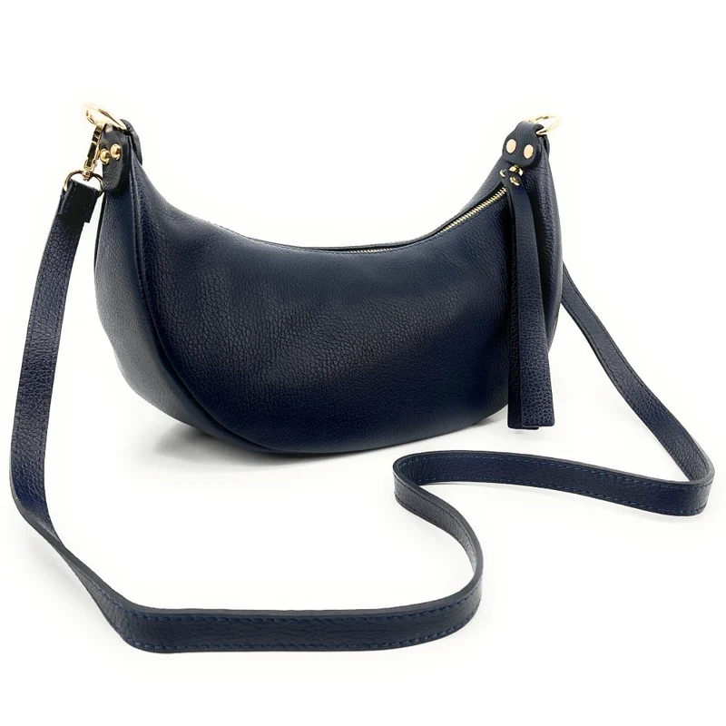 Sac demi-lune porté épaule en cuir grainé AURORA Bleu marine