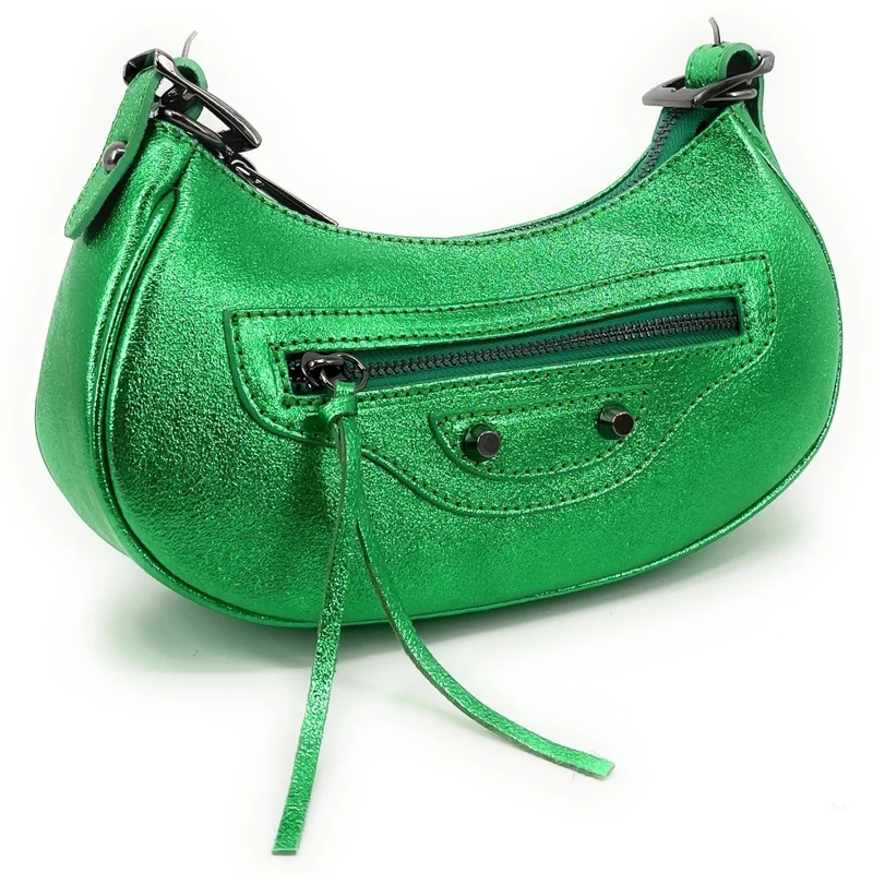 Sac à main demi-lune en cuir irisé LUNA PARK Vert anglais irisé