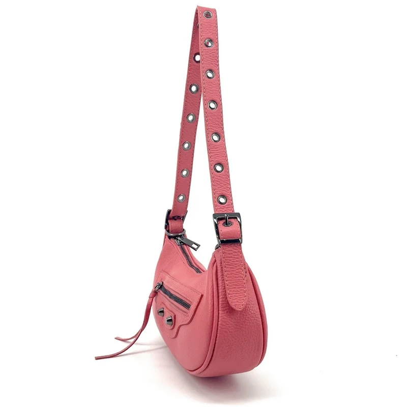 Sac à main demi-lune en cuir grainé LUNA PARK Rose corail