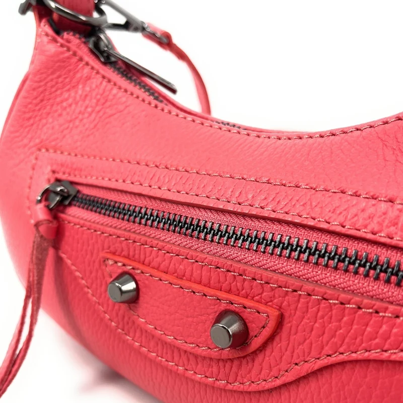 Sac à main demi-lune en cuir grainé LUNA PARK Rose corail