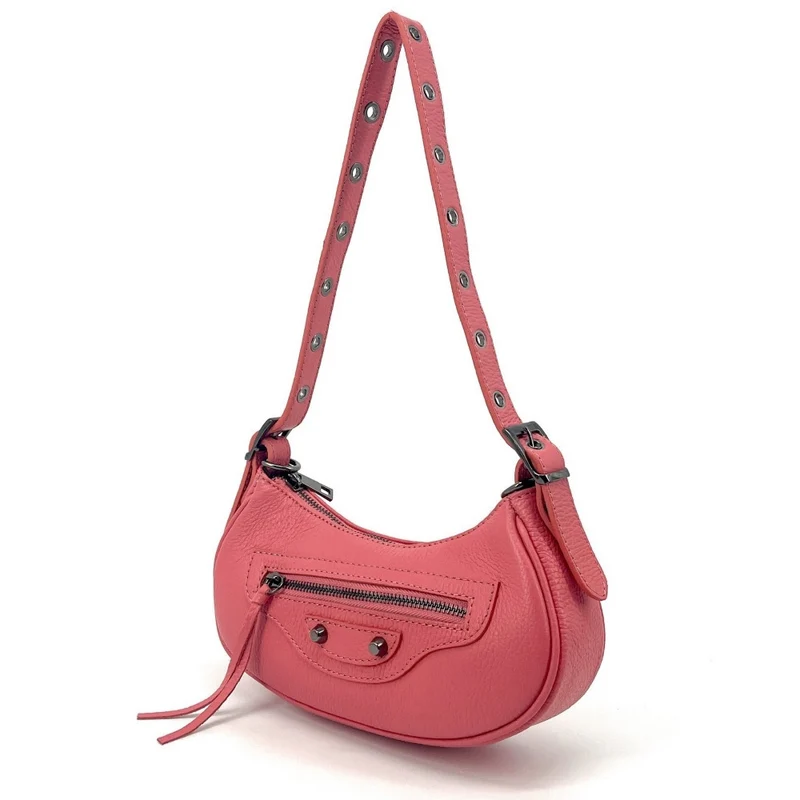 Sac à main demi-lune en cuir grainé LUNA PARK Rose corail